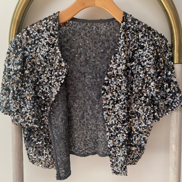 SCALA 100% Silk Silver Sequin Embellished Short-Sleeved Bolero Jacket Size M - Picture 1 of 6
